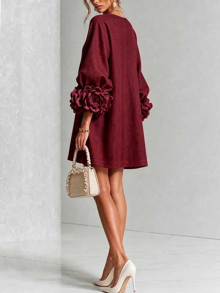 Elvira Mini Dress with Floral Buttons and Flower Sleeves