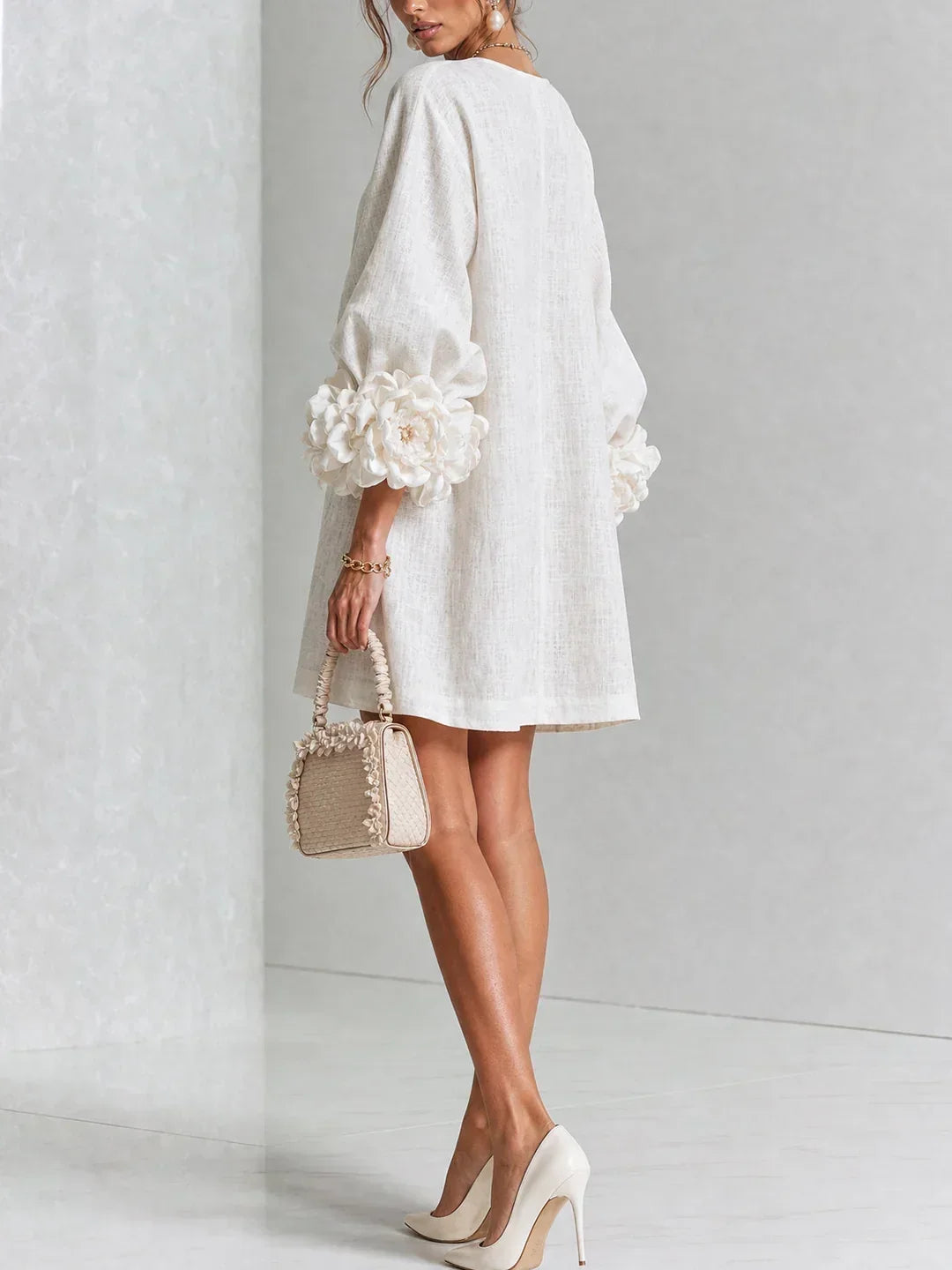 Elvira Mini Dress with Floral Buttons and Flower Sleeves