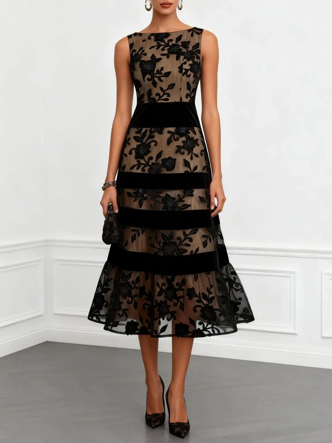 Odette Floral Embroidered Tulle Midi Dress