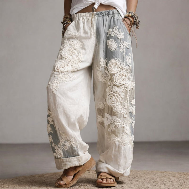 Camila | Wide Leg Pants Floral Embroidered Drawstring