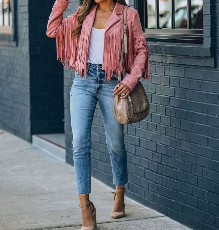 Evelyn | Women's Fringe Suede Cropped Moto Jacket