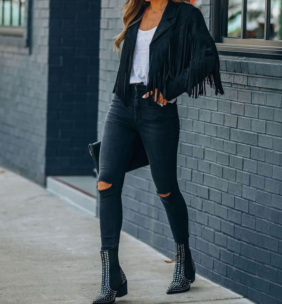 Evelyn | Women's Fringe Suede Cropped Moto Jacket