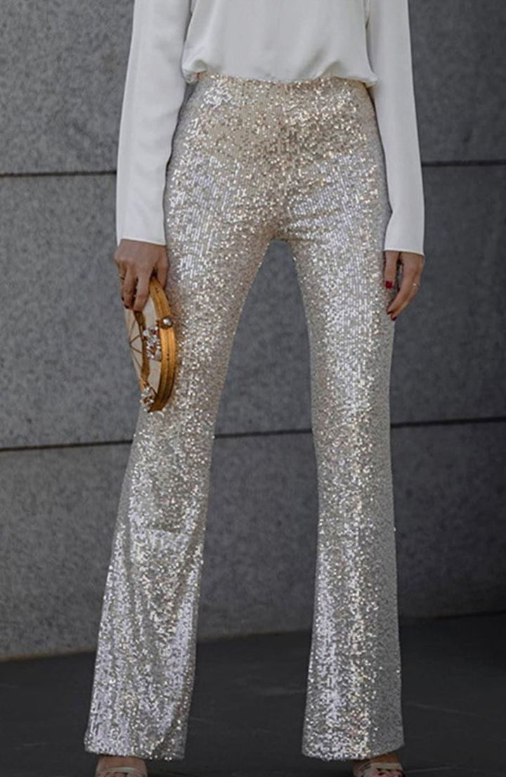 Aria | Women's High-Rise Flared Sequin Trousers Glam Party Pants