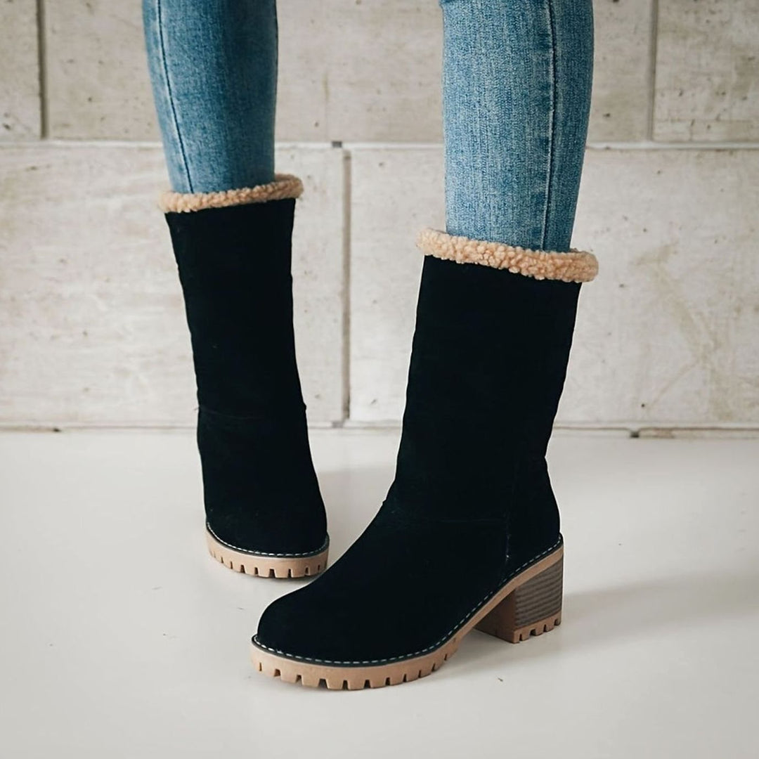 Layla | Women's Sherpa-Cuffed Block Heel Winter Snow Boots